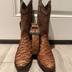 Men's Exotic Fish Leather Western Boots With Matching Belt
